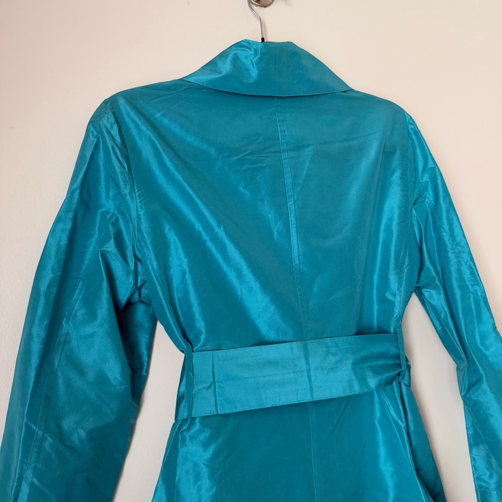 As Four Kate Spade 2005 Collab 100% Silk Teal Short Double-Breasted Trench Coat - Picture 8 of 14